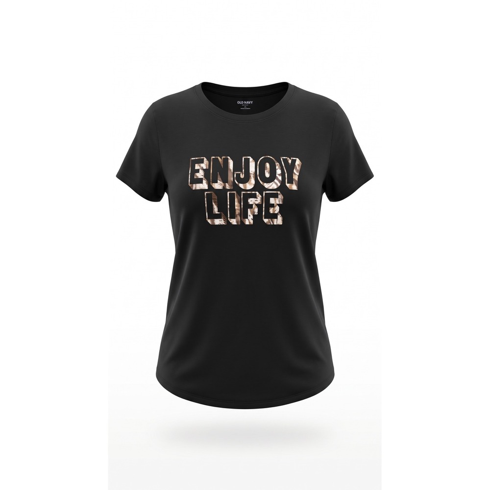 Old Navy Womens 2X Black Enjoy Life Metallic Gold Foil Graphic T-Shirt Cotton